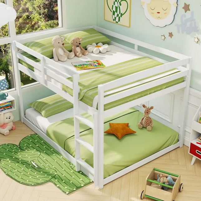 Full Over Full Bunk Bed Low-to-ground Bunk Bed-White - White - Bunk Bed Frame