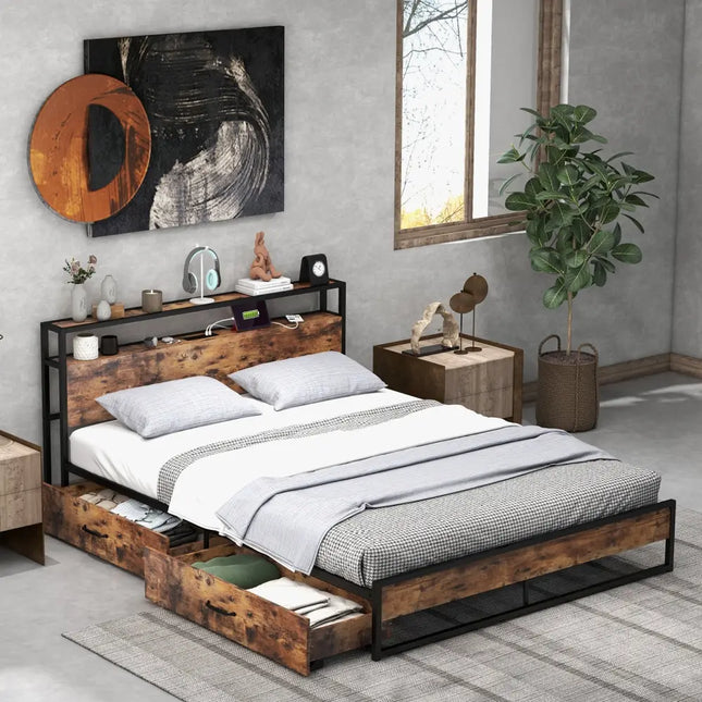 Full/Queen Bed Frame with 2-Tier Storage Headboard and Charging Station-Queen Size - Rustic Brown - Simple Bed Frame