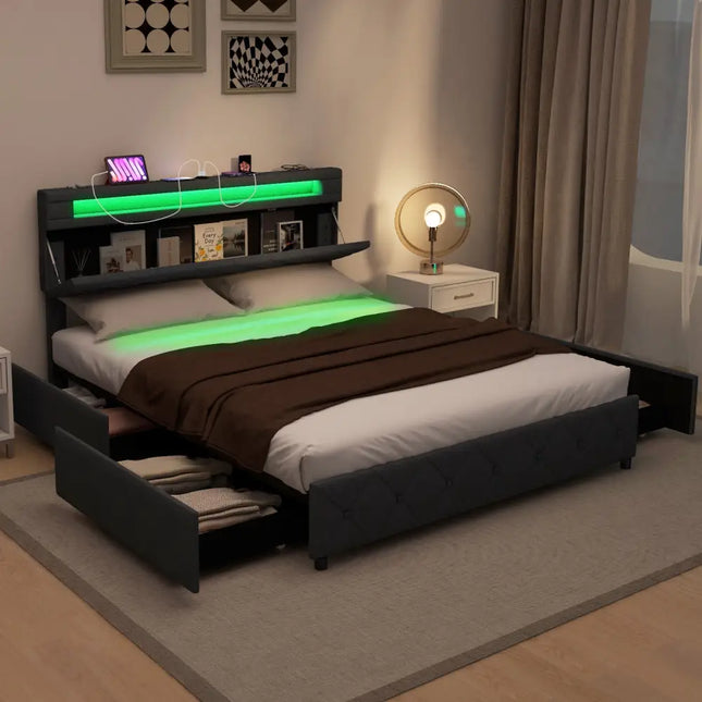 Full/Queen Size Bed Frame with Adjustable Storage Headboard and Wooden Slat Support-Queen Size - Simple Bed Frame
