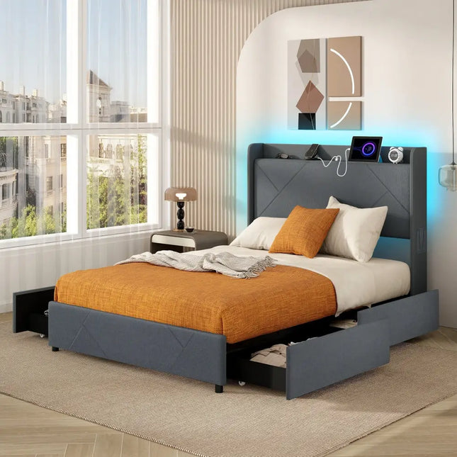 Full/Queen Size Bed Frame with LED Lights and Charging Station-Full Size - Gray - Simple Bed Frame