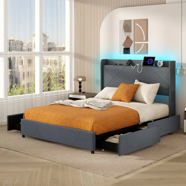 Full/Queen Size Bed Frame with LED Lights and Charging Station-Queen Size - Gray - Simple Bed Frame