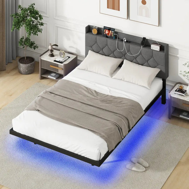 Full/Queen Size Floating Bed Frame with LED and Headboard and Charging Station-Full Size - Gray - Simple Bed Frame