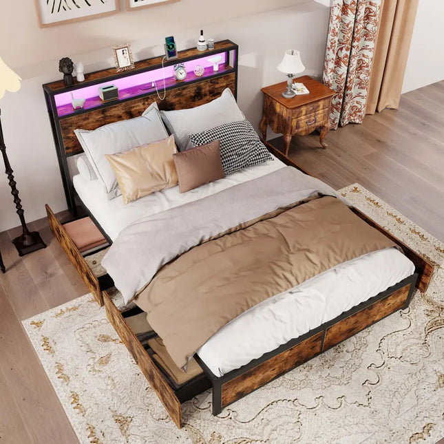Full/Queen Size LED Bed Frame with Charging Station and 4 Storage Drawers-Full - Simple Bed Frame