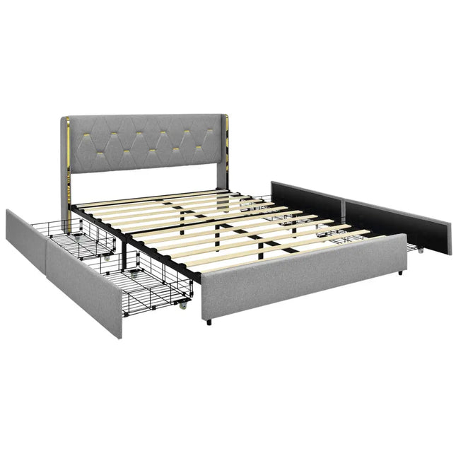 Full/Queen Size Upholstered Bed Frame with 4 Drawers-Silver-Full Size - Silver - Simple Bed Frame