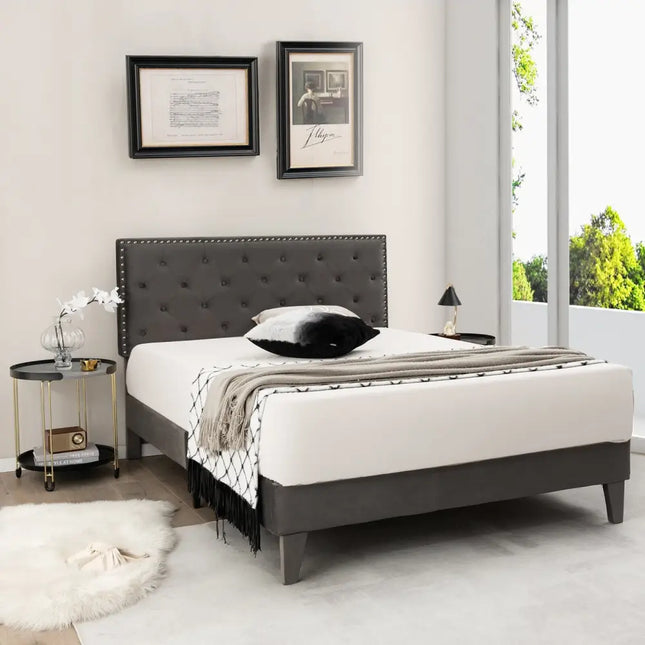Full/Queen Size Upholstered Platform Bed with Tufted Headboard-Full Size - Gray - Simple Bed Frame