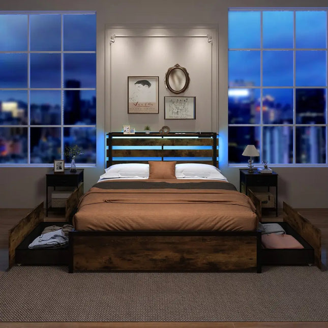 Full/Queen/Twin Size Bed Frame with Drawers LED Lights and USB Ports-Queen Size - Rustic Brown - Simple Bed Frame