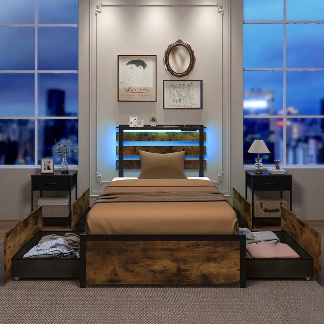 Full/Queen/Twin Size Bed Frame with Drawers LED Lights and USB Ports-Twin Size - Rustic Brown - Simple Bed Frame