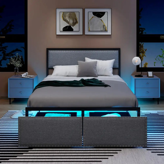Full/Queen/Twin Size Bed Frame with LED Lights Drawer and Metal Slats-Full Size - Gray - Simple Bed Frame