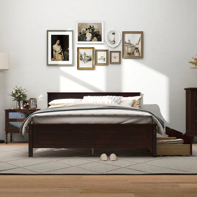 Full Size Bed Frame with Storage Drawers and Solid Wood Headboard-Espresso - Espresso - Simple Bed Frame
