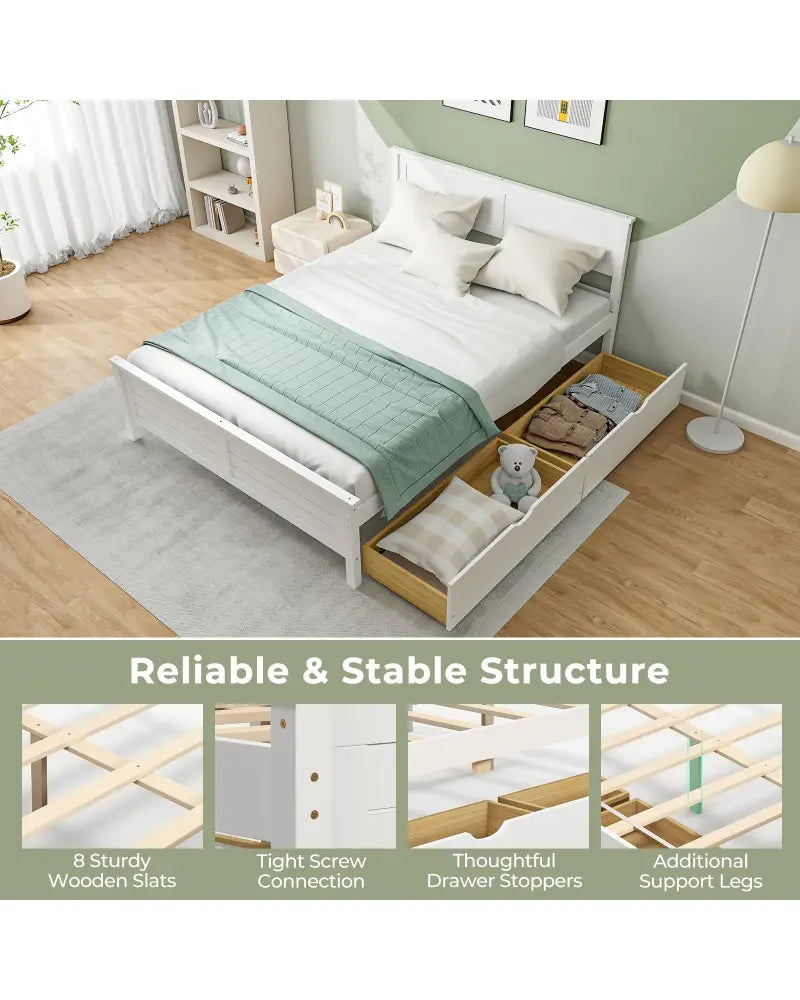 Full Size Bed Frame with Storage Drawers and Solid Wood Headboard-White - White - Simple Bed Frame