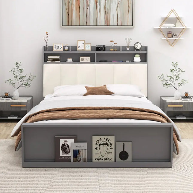 Full Size Bed Frame with Storage Modern Platform Bed with Headboard-Full Size - Gray - Simple Bed Frame