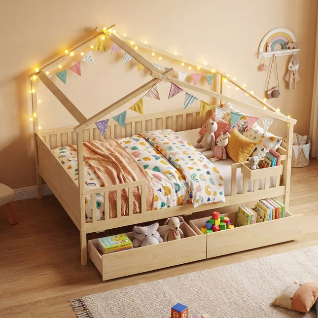 Full Size House Bed with Roof and Fence Rails for Kid-Natural - Natural - Simple Bed Frame