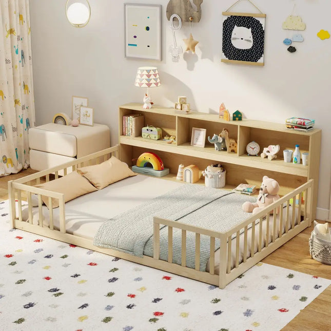 Full Size Montessori Floor Bed with Bookcase-Natural - Natural - Trundle Bed Frame