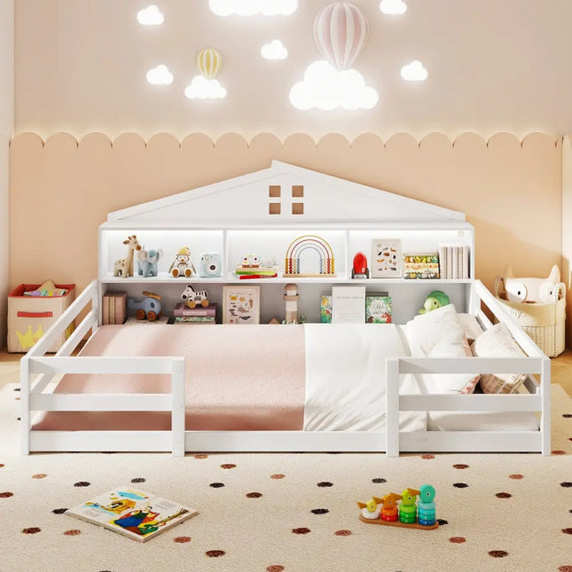 Full Size Montessori Floor Bed with Storage Compartments and Shelf-White - White - Trundle Bed Frame