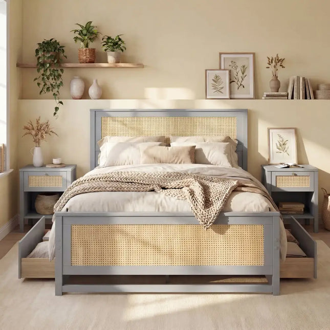 Full Size Rattan Bed Frame with Storage Drawers-Gray - Gray - Trundle Bed Frame