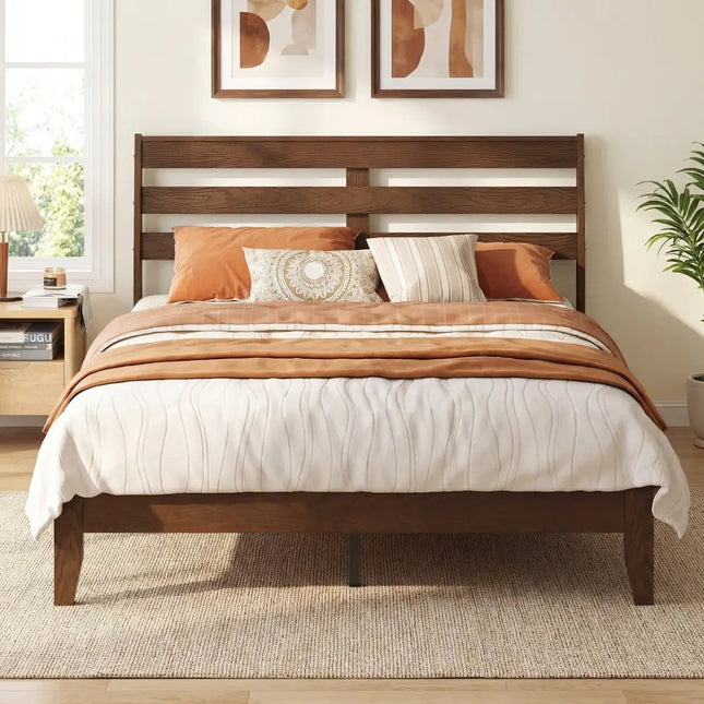 Full Size Wood Platform Bed Frame with Slat Headboard - Brown - Simple Bed Frame