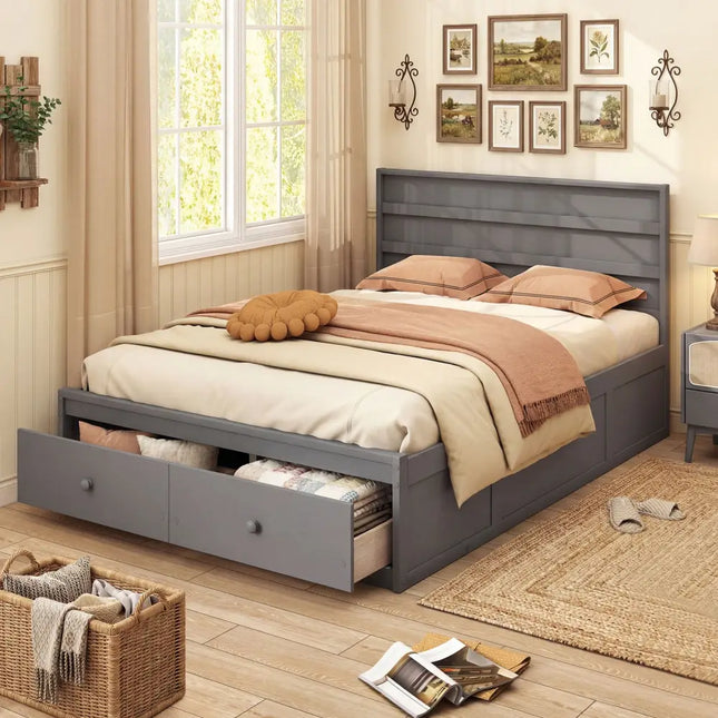 Full Size Wooden Platform Bed Frame with Storage Drawers-Gray - Gray - Simple Bed Frame