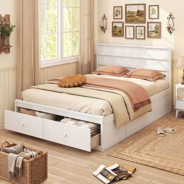 Full Size Wooden Platform Bed Frame with Storage Drawers-White - White - Simple Bed Frame