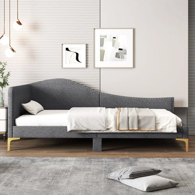 Full/Twin Size Rivet-Tufted Platform Bed with Metal Legs and Wood Slats-Twin Size - Gray - Simple Bed Frame