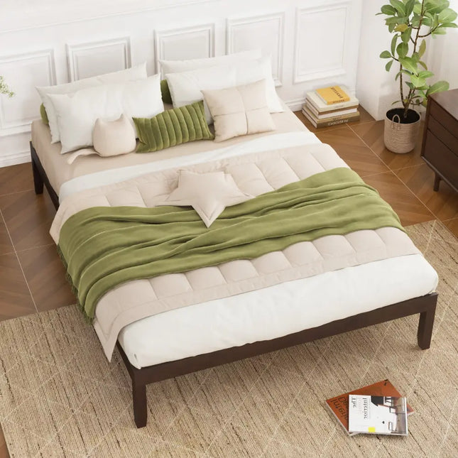 Full Wood Bed Frame with Wooden Slats Support and Rubber Wood Legs-Espresso - Espresso - Simple Bed Frame