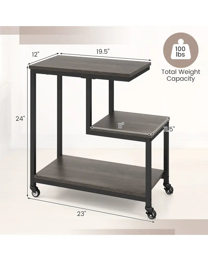 G-shaped Side Table 3-Tier Mobile End Table with Open Shelves-Gray - Gray - End & Side Tables