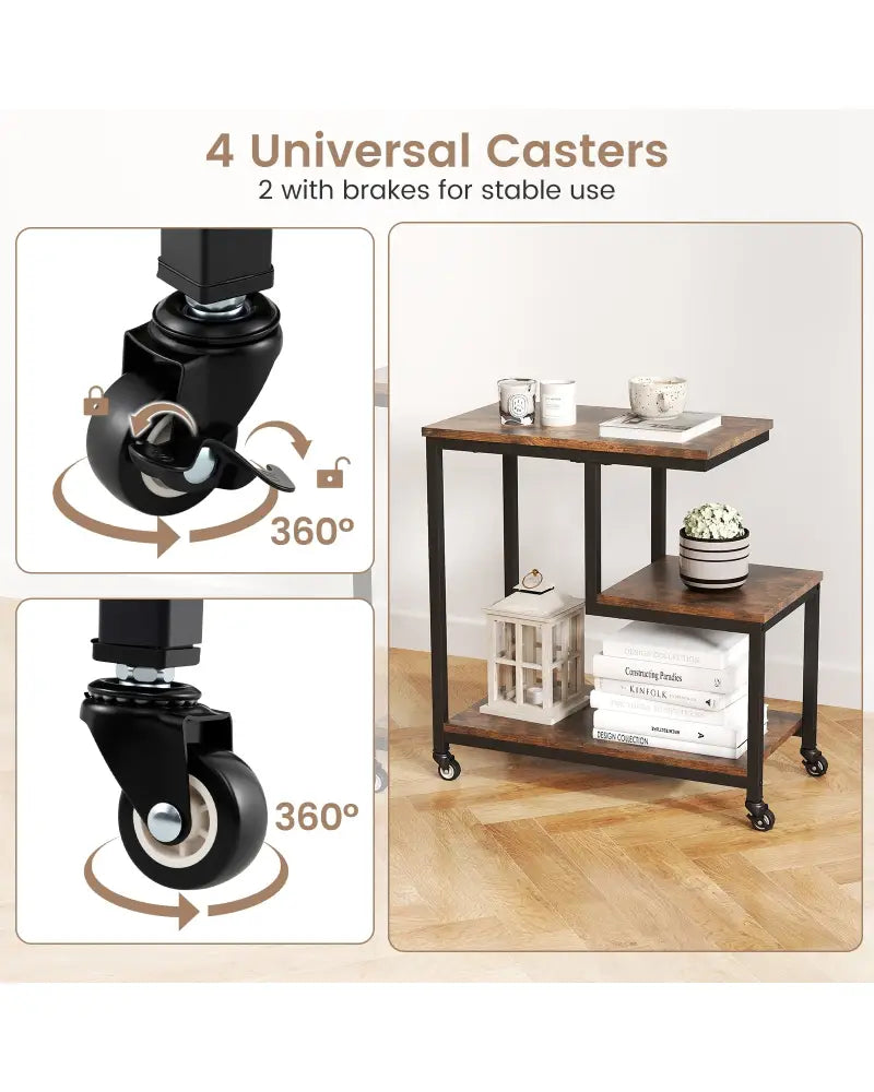 G-shaped Side Table 3-Tier Mobile End Table with Open Shelves-Rustic Brown - Rustic Brown - End & Side Tables