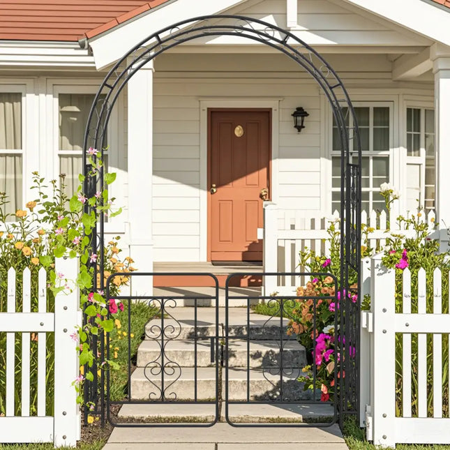 Garden Arbor with Gate with Multiple Side Crossbars and 4 Sharp Ground Stakes-Black - Black - Outdoor Decor