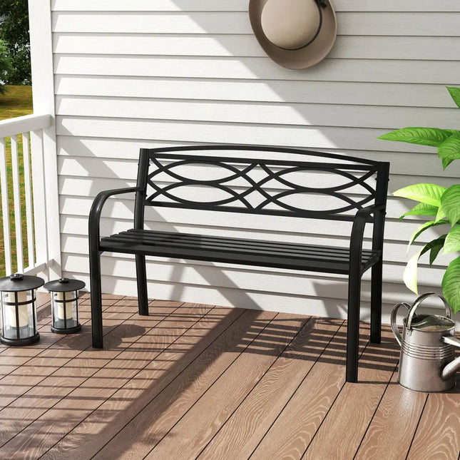 Garden Bench with Curved Armrests and Backrest-Black - Black - Outdoor Benches