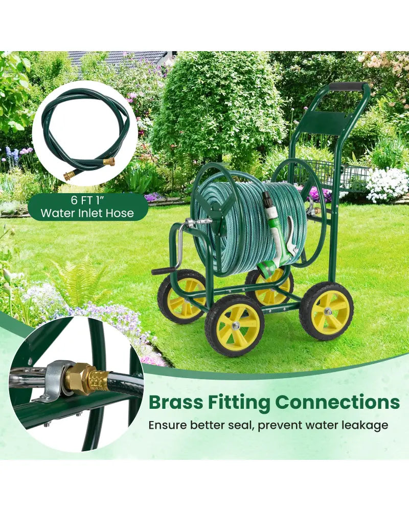 Garden Hose Reel Cart Metal Hose Cart with 4 Wheels and Storage Basket-Green - Green - Watering & Irrigation