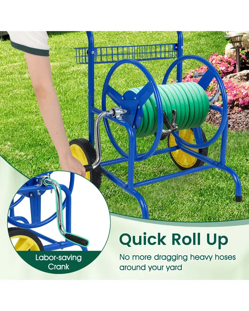 Garden Hose Reel Cart with 2 Wheels and Storage Basket-Blue - Blue - Watering & Irrigation