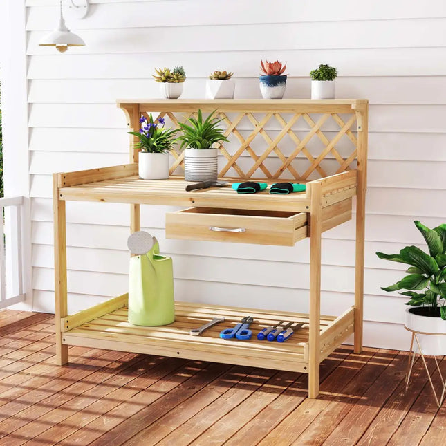 Garden Potting Bench Table Wooden Planting Workstation with Lattice Trellis - Potting Benches & Tables