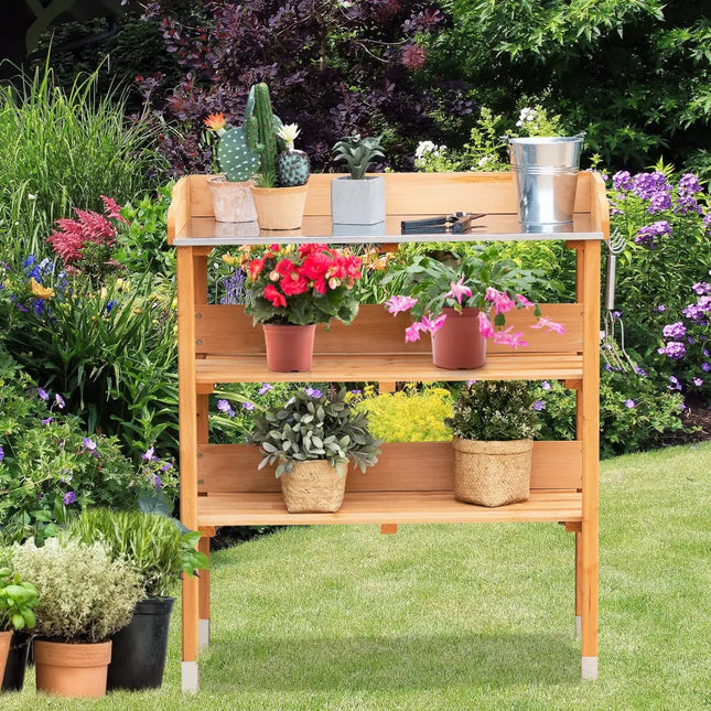 Garden Wooden Potting Bench Work Station with Hook - Brown - Potting Benches & Tables