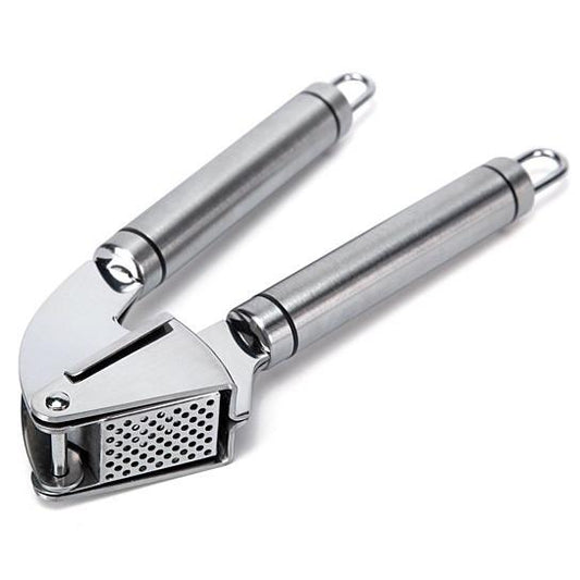 Metallic garlic press on a white background
