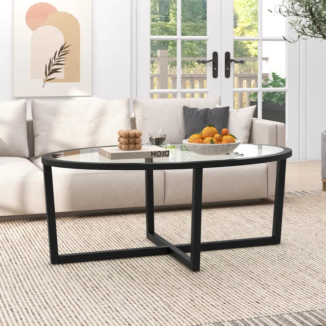 Glass Coffee Table Oval Living Room Table with Cross Base and Acacia Wood Legs-Black - Black - Coffee Tables