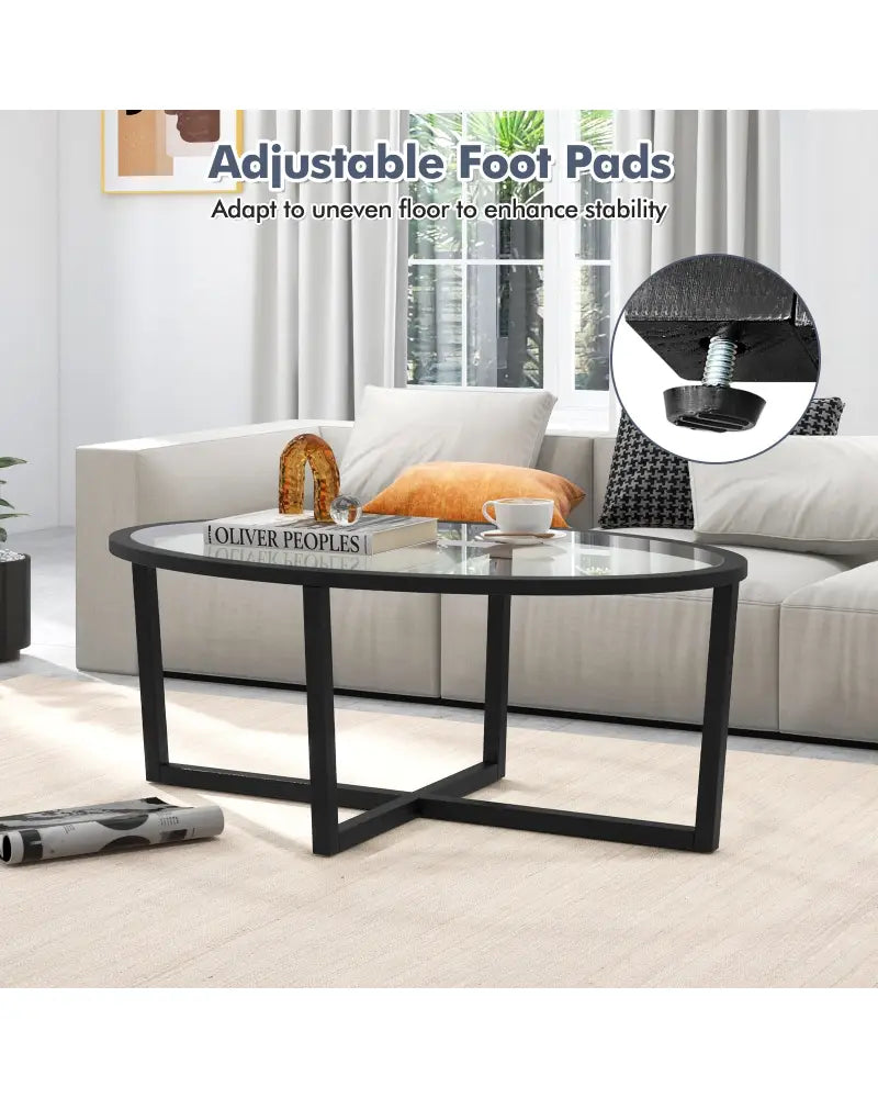 Glass Coffee Table Oval Living Room Table with Cross Base and Acacia Wood Legs-Black - Black - Coffee Tables