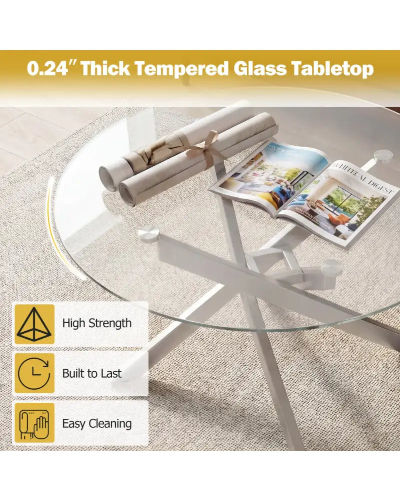 Glass Coffee Table Round Clear Center Table with Tempered Glass Top-Silver - Silver - Coffee Tables