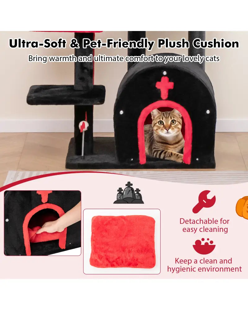 Gothic Cat Tree 53 Inch Tall Cat Tower with Cat Bed and Arch-Shaped Condo-Black - Black - Cat Trees Condos & Scratchers