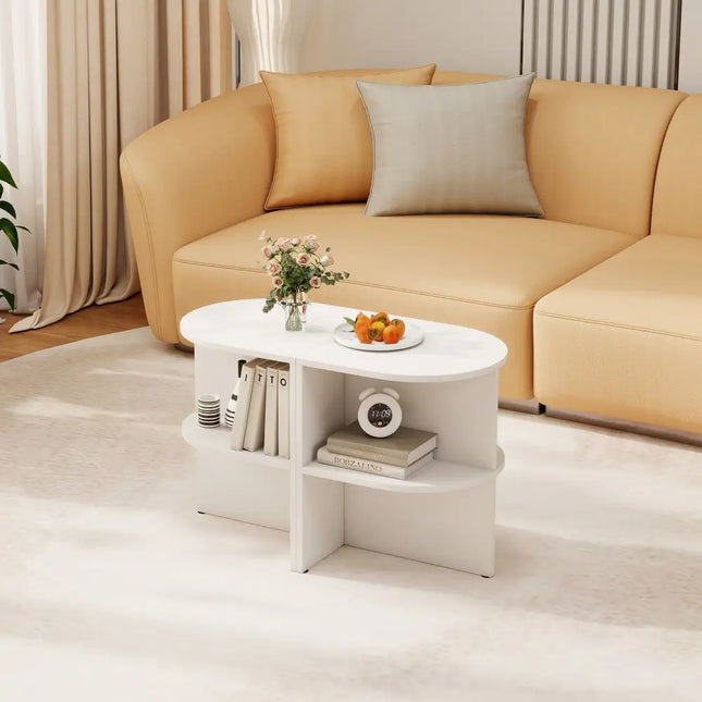 Half Round End Table with Open Shelves for Small Space-White - White - End & Side Tables
