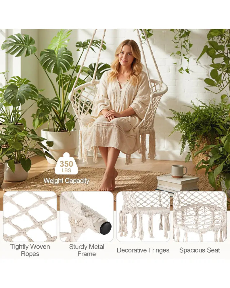 Hammock Chair Macrame Swing Hanging Cotton Rope Chair-Beige - Beige - Hammocks