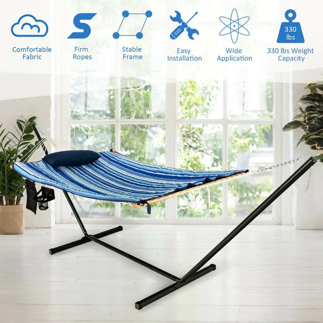 Hammock Chair Stand Set Cotton Swing with Pillow Cup Holder Indoor Outdoor - Blue - Hammocks