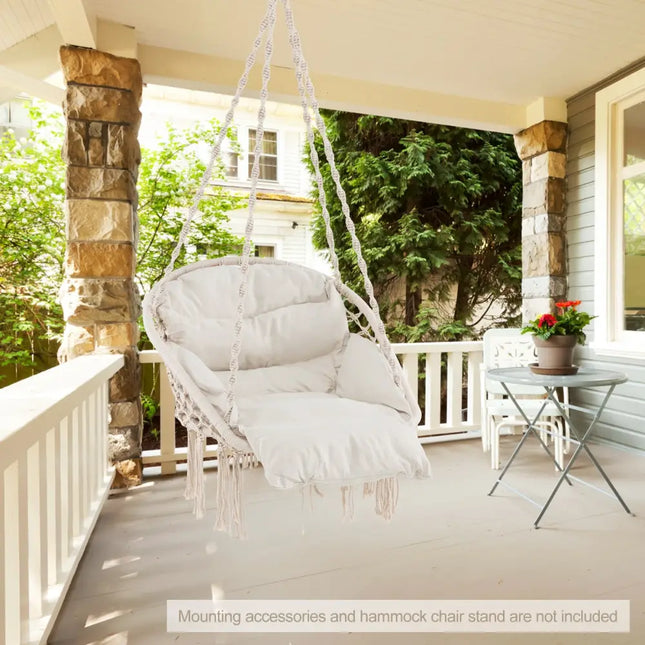 Hammock Chair with Thick Cushion & Macrame Holds up to 330 LBS-Beige - Beige - Hammocks