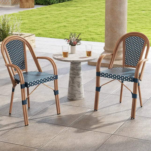 Hand-Woven PE Wicker Outdoor French Bistro Chairs Set of 2-Blue - Blue - Patio Dining Chairs