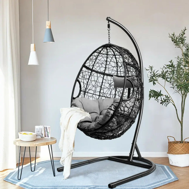 Hanging Cushioned Hammock Chair with Stand -Gray - Gray - Hammocks