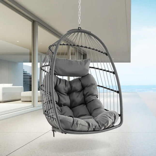 Hanging Egg Chair with Head Pillow and Large Seat Cushion-Gray - Gray - Hammocks
