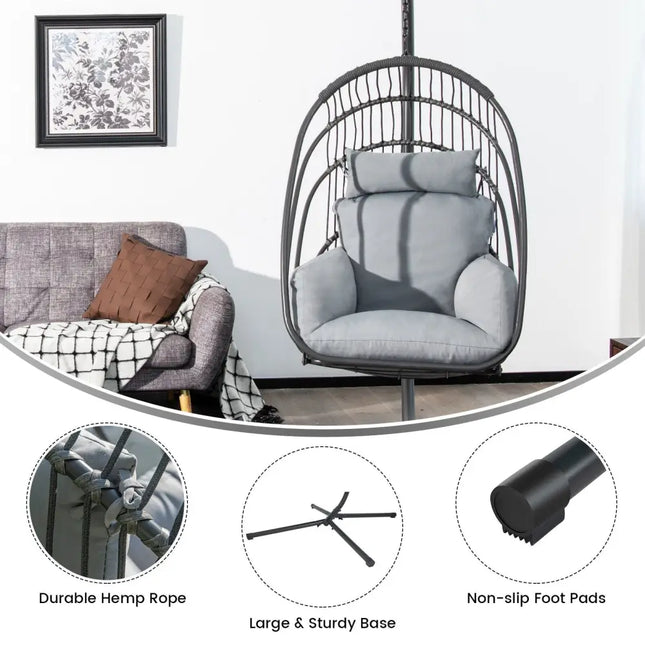 Hanging Folding Egg Chair with Stand Soft Cushion Pillow Swing Hammock-Gray - Gray - Hammocks