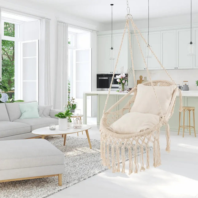 Hanging Hammock Chair with Soft Seat Cushions and Rope Chain-Beige - Beige - Hammocks
