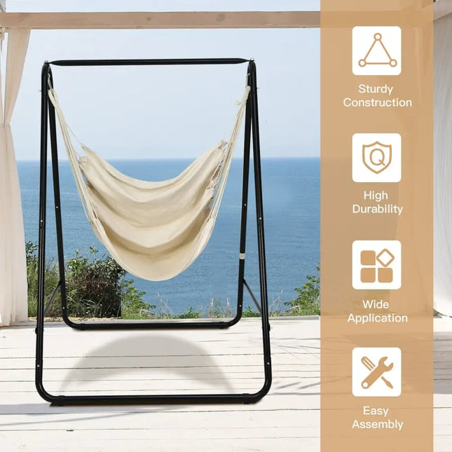 Hanging Padded Hammock Chair with Stand and Heavy Duty Steel-Beige - Beige - Hammocks