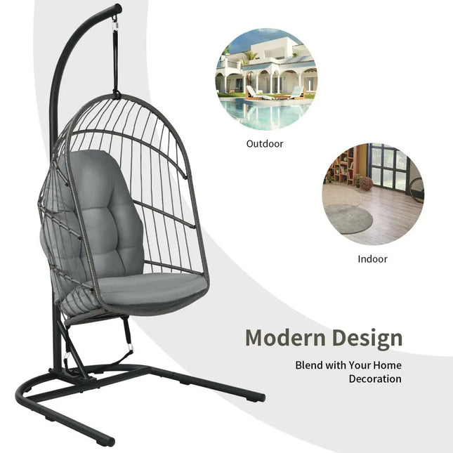 Hanging Wicker Egg Chair with Stand -Gray - Gray - Hammocks