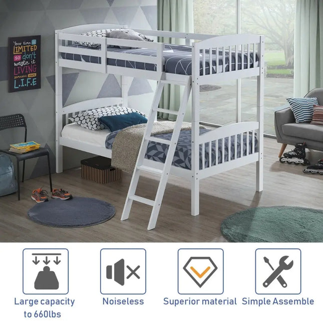 Hardwood Twin Bunk Beds with Individual Kid Bed Ladder-White - White - Bunk Bed Frame