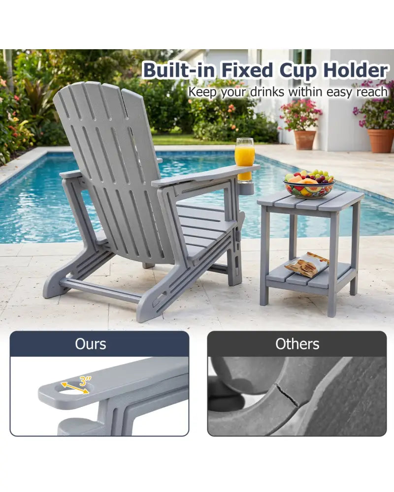 HDPE Adirondack Chair with Cup Holder and Wood-Like Texture High Back for Garden-Gray - Gray - Adirondack Chairs